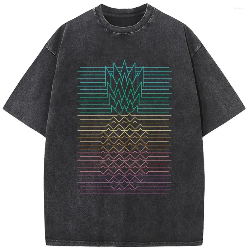メンズTシャツ幾何学的線​​形パイナップル短袖シャツ230グラムの高品質の洗浄された古いTシャツビンテージカラーメンズTシャツの