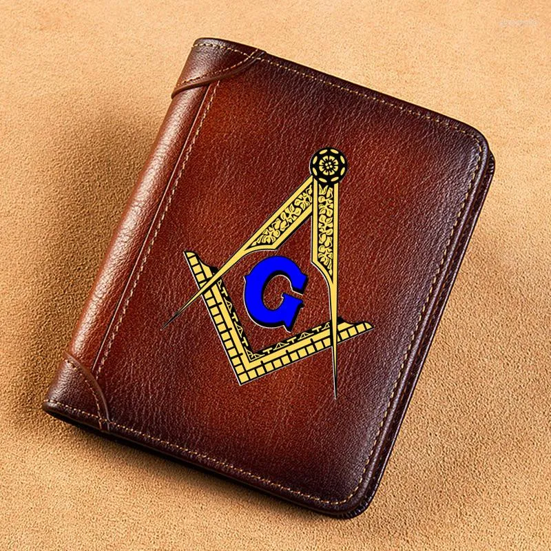 Wallets High Quality Genuine Leather Wallet Freemason Symbol Printing Standard Purse BK064