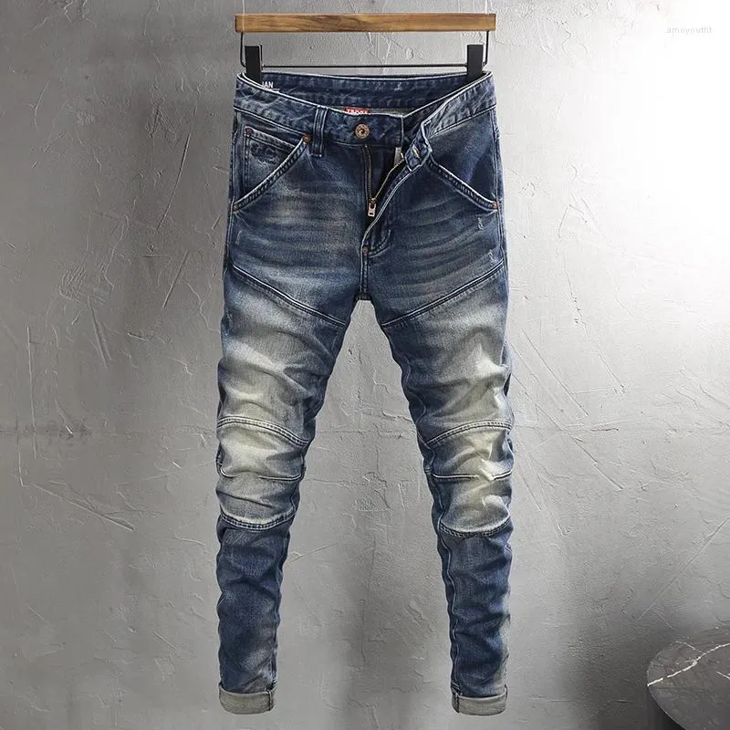 Herren Jeans Street Fashion Männer Hohe Qualität Retro Washed Blue Stretch Slim Fit Spliced Designer Biker Hip Hop Denim Hosen