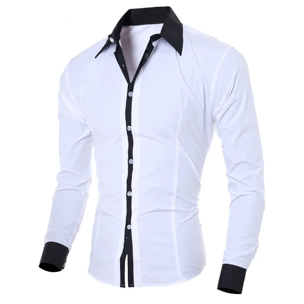 Męskie koszule męskie Mężczyźni biała koszula Patchworka Sukienka towarzyska Koszula jesienna Sprężyna Solidna długie rękawie Slim Fit Męskie Office Casual Button Shirt 230420