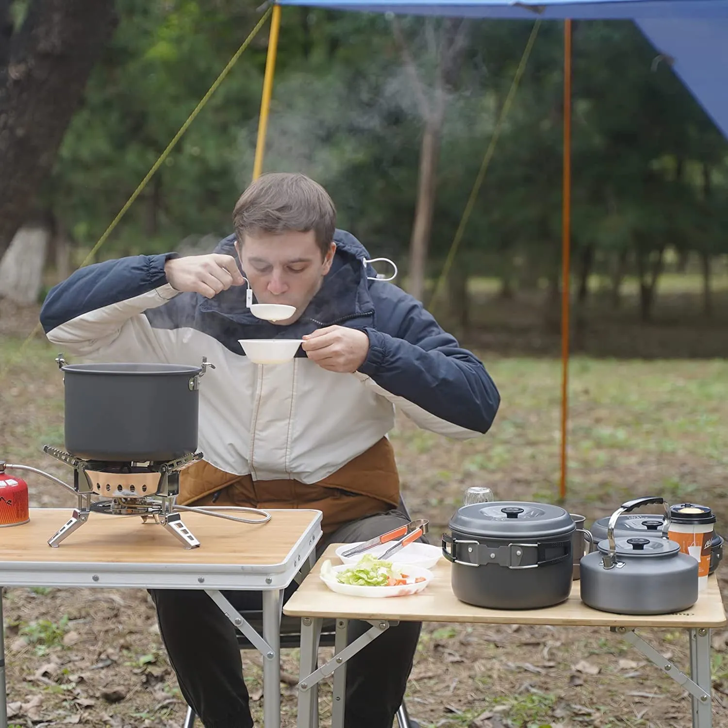 Kit de cuisine de camping avec bouilloire, batterie de cuisine pour 3 à 4  personnes, portable en acier inoxydable pour camping, randonnée, cuisine en