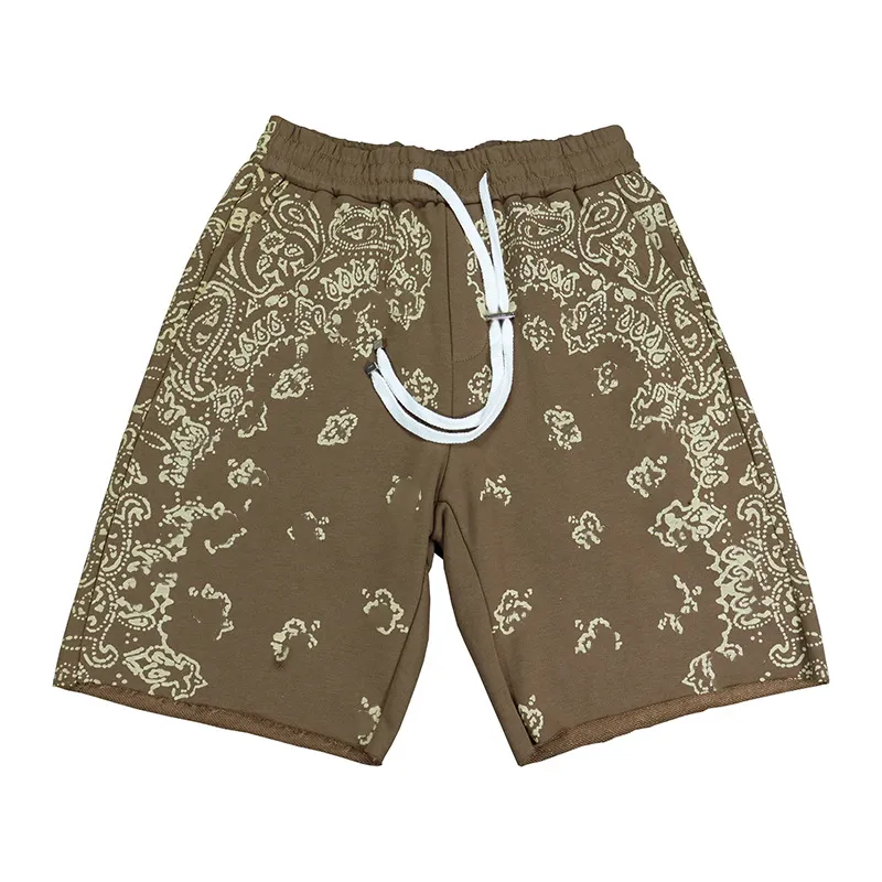 High street men amiryes dark cashew flower print cotton loose drawstring vintage sport shorts