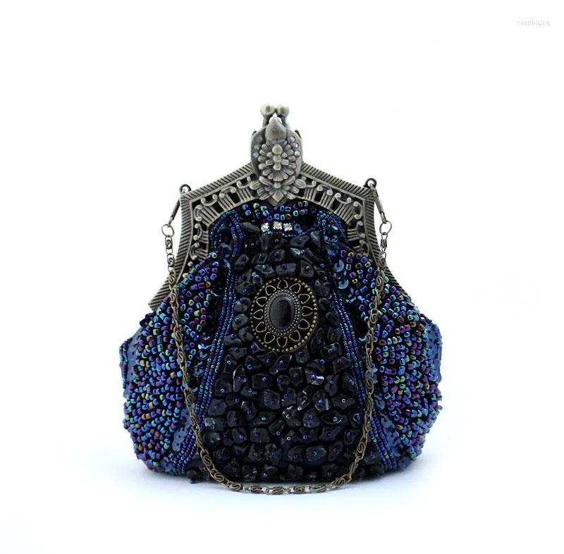 Evening Bags Navy Blue Ladies' Beaded Sequined Banquet Wedding Bag Clutch Handbag Bridal Party MakeupBag Purse 03321-F