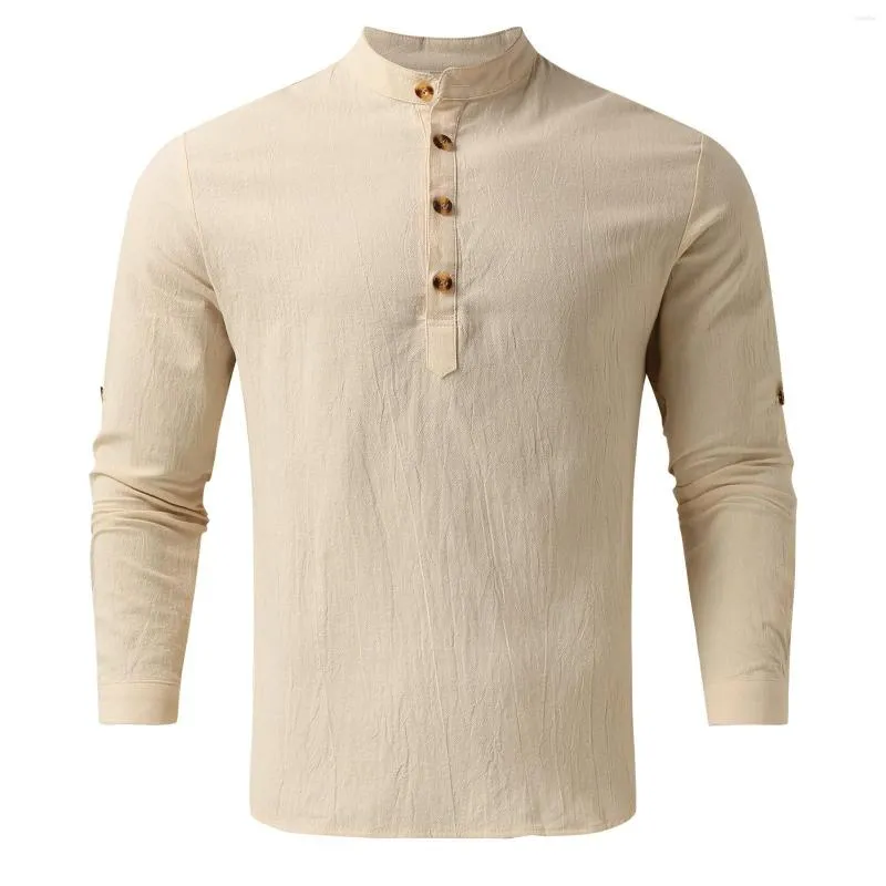 Chemises décontractées pour hommes Chemise de couleur unie pour hommes Bouton Col montant Manches longues Pull Top Vintage Coton Lin Col en V Style Boho Hommes