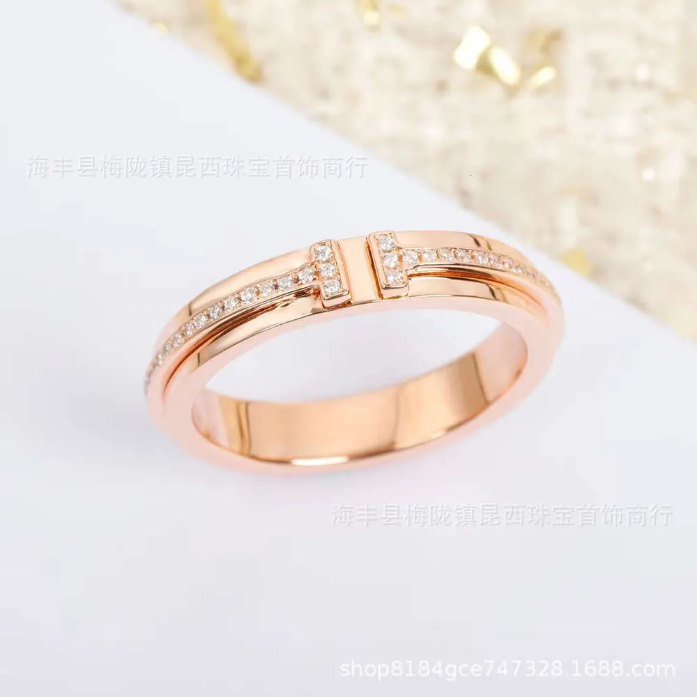 anelli gioielli V Anello in oro rosa 18 carati stretto con diamanti in argento sterling 925 a T con doppia T