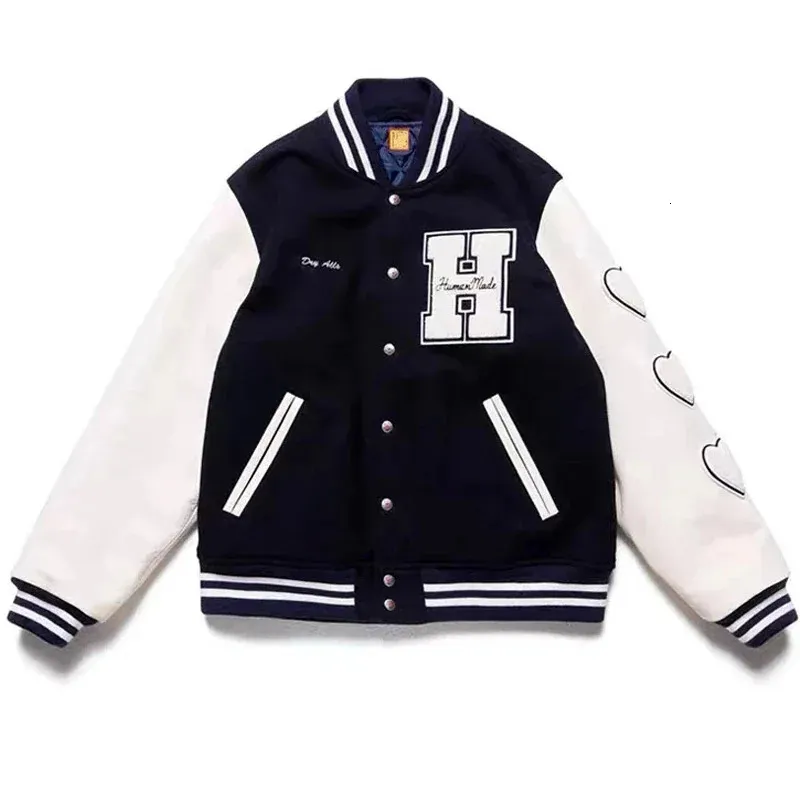 Mens Jaquetas H Carta Beisebol Varsity Jaqueta Homens Oversize Mulheres Casacos Manga De Couro Marinho Azul Coração Rebanho Vintage Baggy Jaqueta Masculina 231118