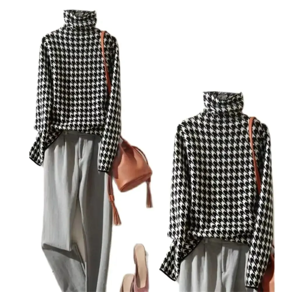 Mężczyzn Bluzy Bluzy Houndstooth Turtleeck Podstawowe miękkie luźne dzianiny Sweter Koreańszy mody z długim rękawem Vintage Skoczki Kobieta pullover 2023 23112