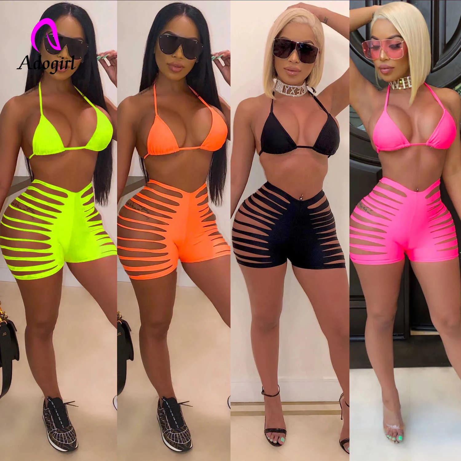 Women's Tracksuits Neon Women Bikinis Set Summer Hole Hollow Out Solid Crop Top Shorts Sexy Beach Swimsuit Three Piece Set Outfits Bathing Suit P230419