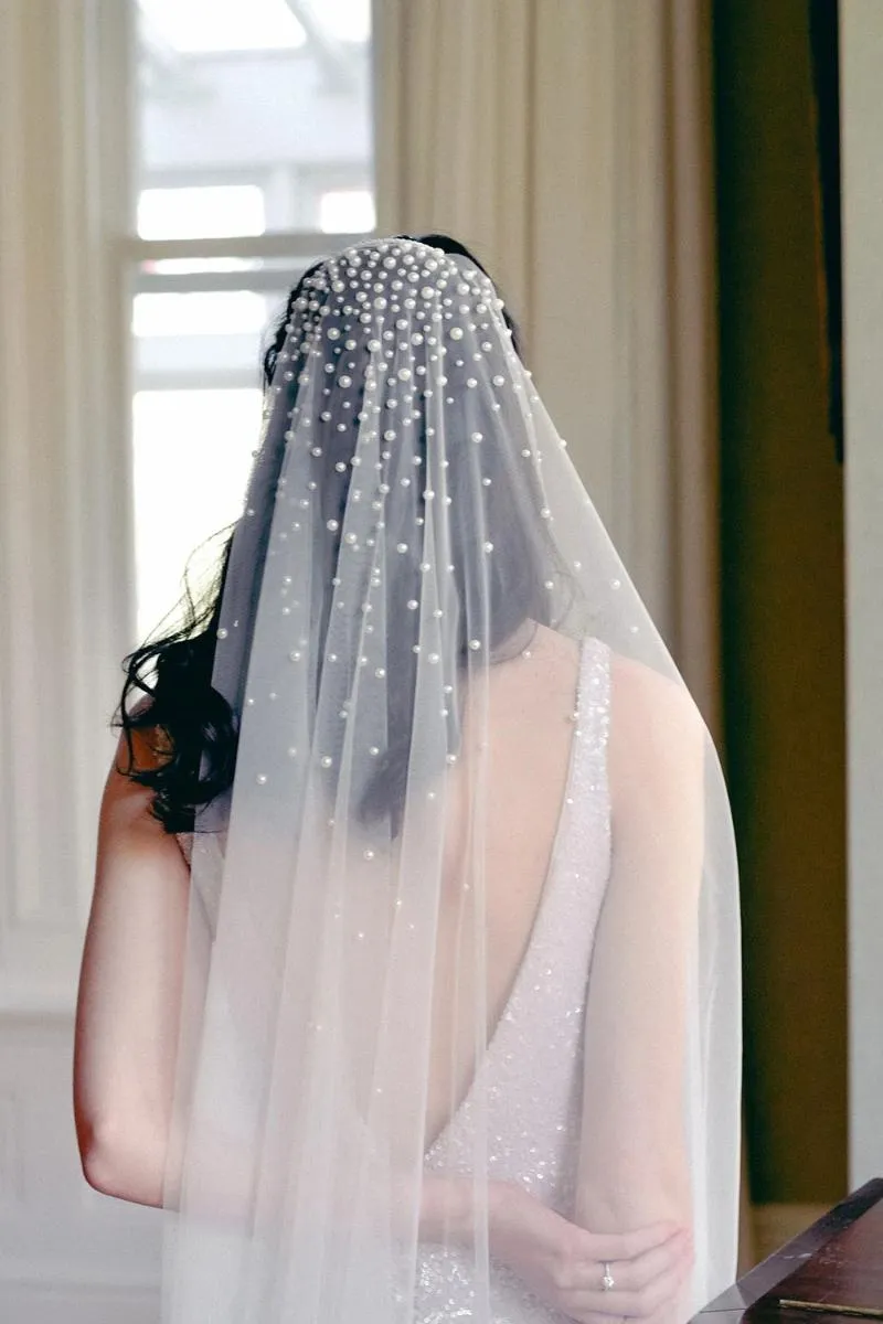 Casamento de véu elegante de véu de noiva com uma camada de uma camada com pente de pente de aresto de renda branca Cathedral longa de marfim.
