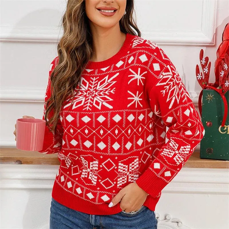 Maglioni da donna Maglione rosso di Natale da donna Casual Stampa fiocco di neve Girocollo Manica lunga Pullover Top Abiti invernali caldi lavorati a maglia