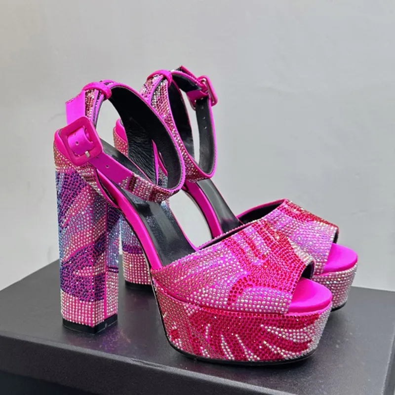 Fuchsia Roman Sandals Designer gekleurde Rhinestone Damesschoenen Modeplatform Heel Ladies schoen 14 cm hoge hakken enkelband feestje Sandaal 35-42 met doos