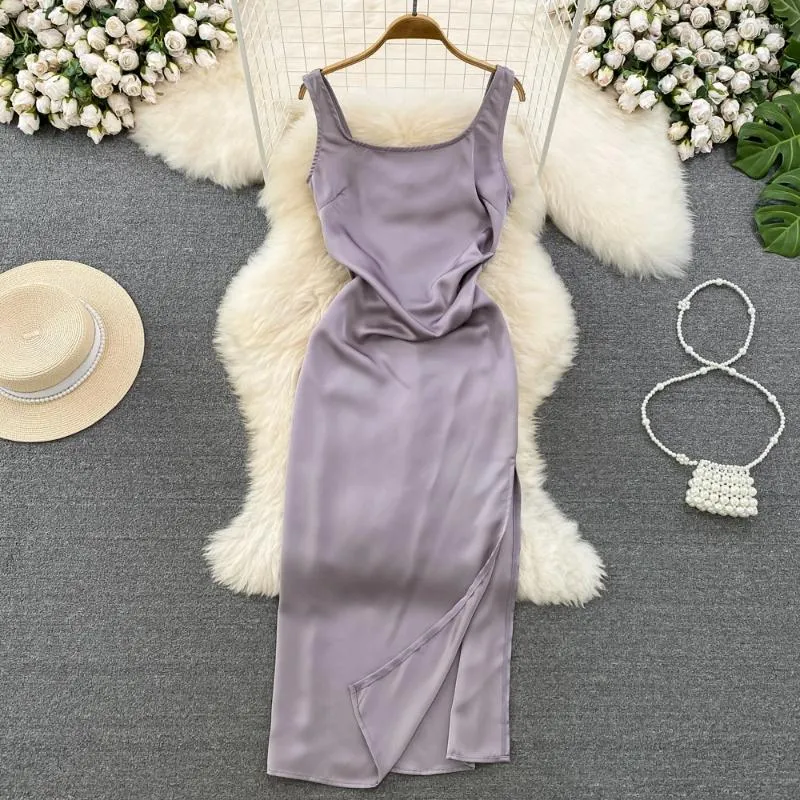 Casual Dresses Summer Celebrity Temperament Silk Smooth High Waist Backless Thin Sleeveless A Word Open Halter Dress