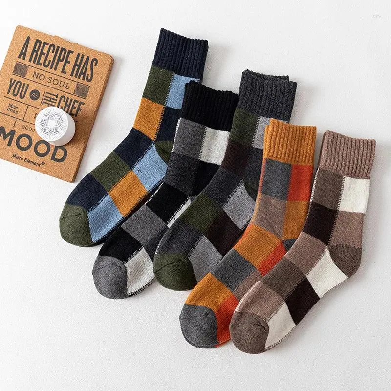 Herrensocken, 5 Paar, Winter, verdickt, Schafwolle, warm, für Herren, Retro-Stil, kariert, bunt, modisch, für Schneestiefel