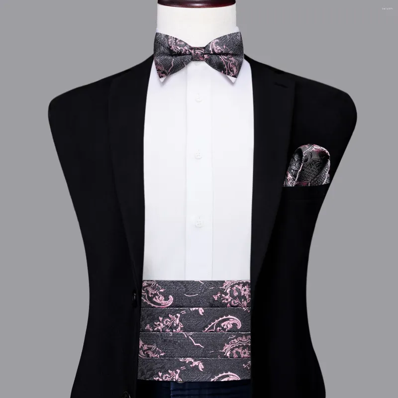 Bälten Hi-Tie Luxury Designer Paisley Pink Grey Cummerbund Bow Tie Set Formal Tuxedo Corset Elastic Belt for Men Wedding Cummerbunds