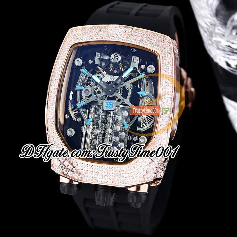 Bugatti Chiron Tourbillon Autoamtic Orologio da uomo Motore a 16 cilindri Quadrante scheletrato Custodia con intarsio di diamanti ghiacciati Cinturino in caucciù blu trustytime001Orologi BU200.40