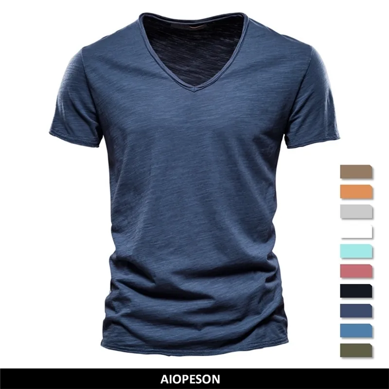メンズTシャツブランド品質100コットンvネックファッションデザインスリムフィットソイルドTシャツ男性トップスティー230419のための短袖