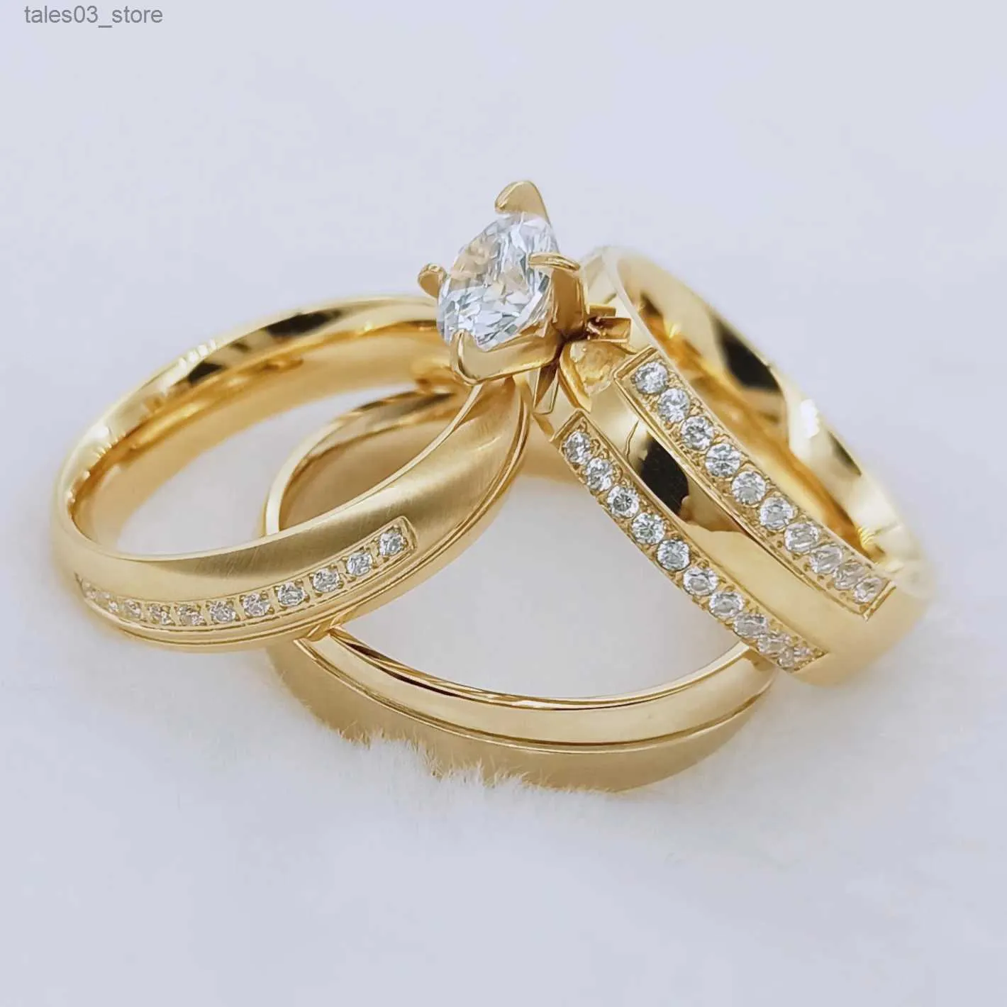 Anneaux de mariage 3 pièces Couple anneaux de mariage ensemble pour femmes hommes amour Alliance Cz diamant fiançailles mariage bijoux Fedi Nuziali 18 carats plaqué or Q231120