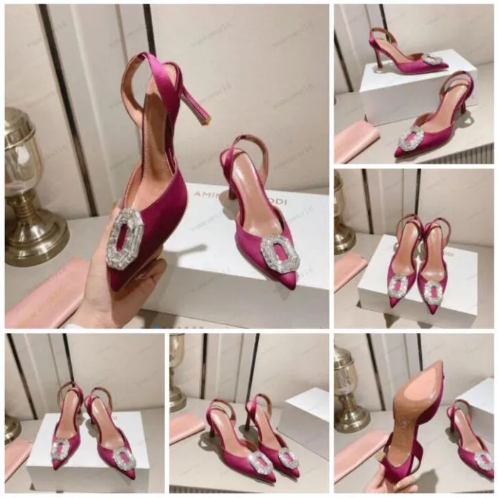 Amina Muaddi Dames Sandalen Leer Sole Designer Hoge hakken 10 cm Diamantketen Decoratie Banquet Dames schoenen Silk Wedding Sexy Formele slippers schoenen 35--42 XXXOOX