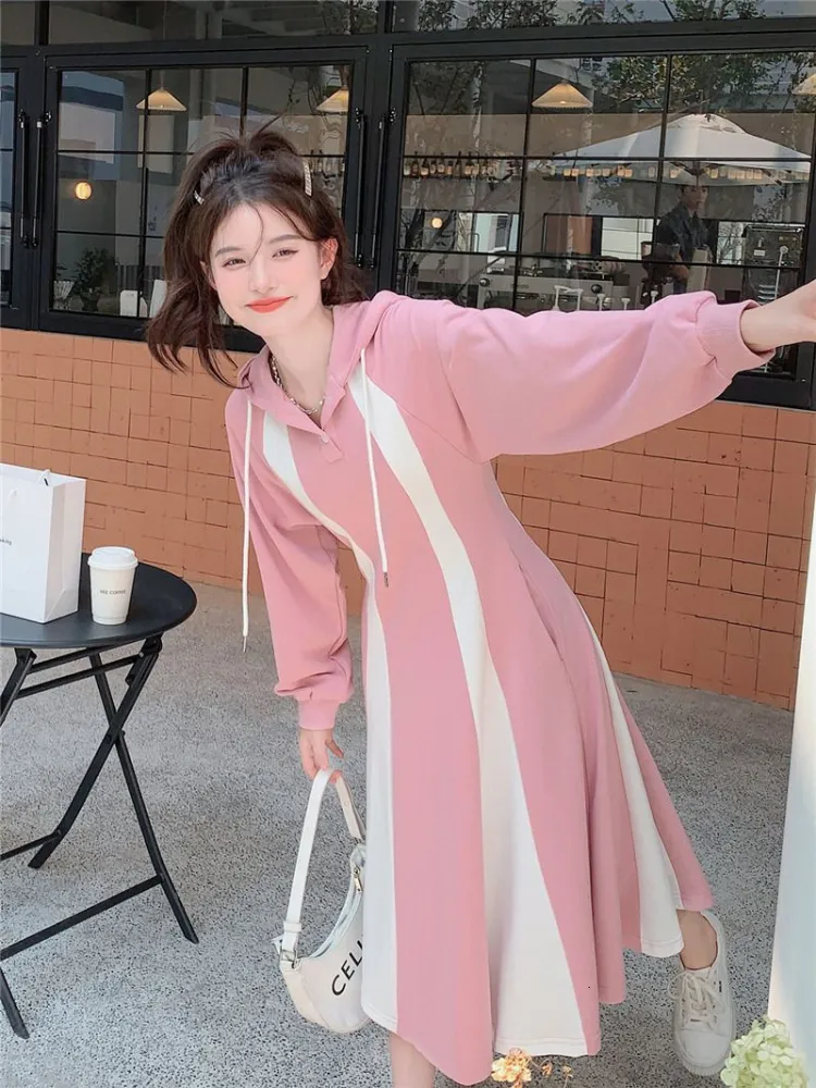 Casual Dresses Japanese Kawaii Hooded Dress Spring and Autumn Mid Length Long Sleeve Dress Korean Academy First Love Aline Long Dress 230420