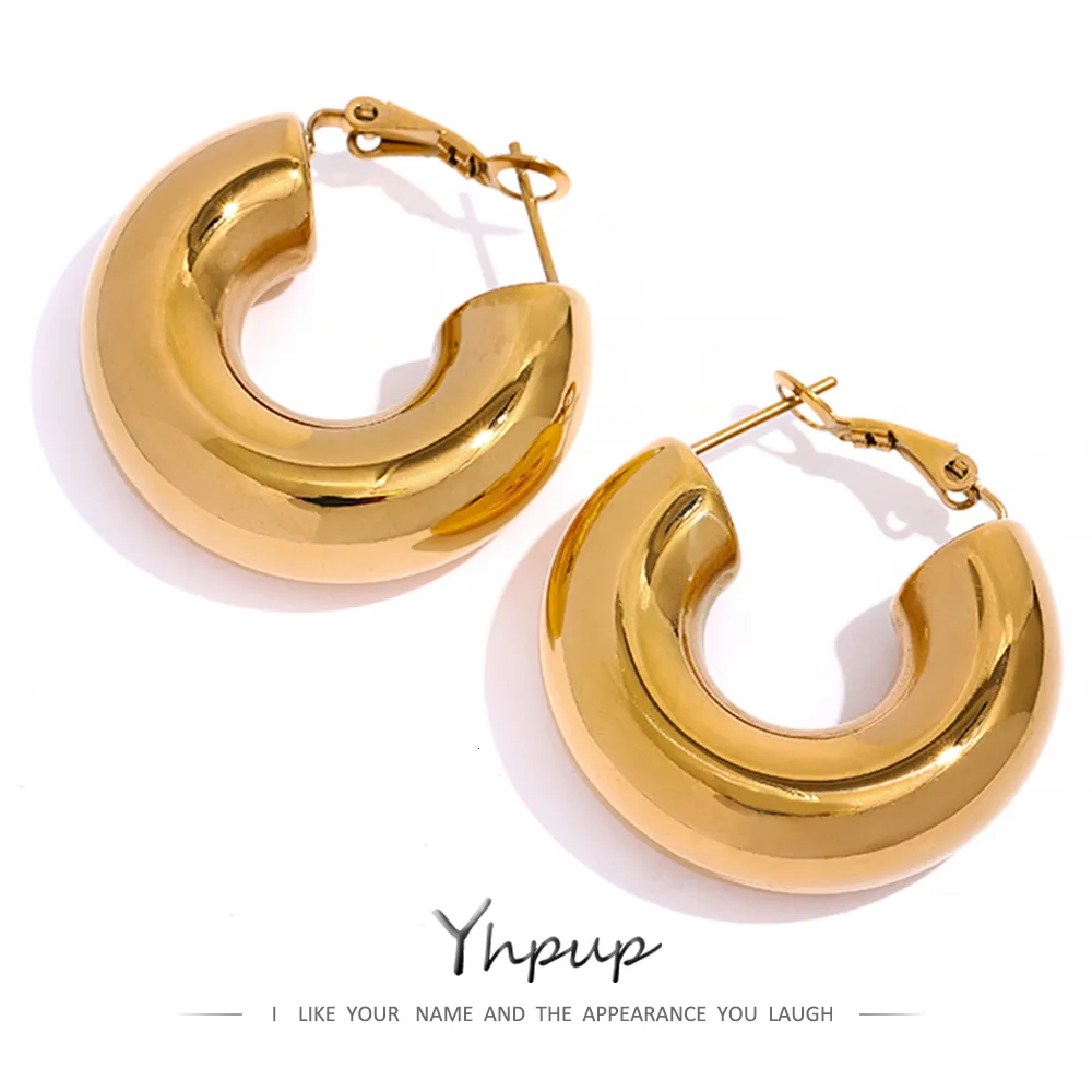 Hoop Huggie Yhpup Chunky Stainless Steel Golden Minimalist Hoop Earrings Temperament Fashion Charm Trendy Jewelry for Women Party 230419
