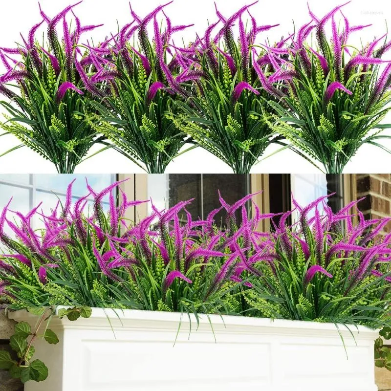 Decorative Flowers Artificial Outdoor Plants Faux UV Resistant Lavender Plastic Shrubs Indoor Outside Greenery Bushes Flower