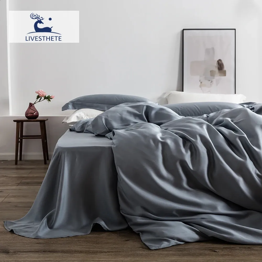 Set di biancheria da letto Livestete Lusso 100% Set di biancheria da letto grigio da donna Beauty for Skin Care Piumino Copertura Queen King Led Linen per sonno 231118