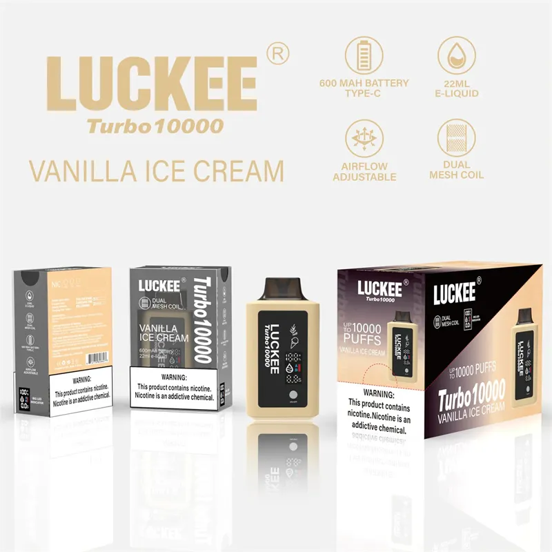 Luckee Turbo 10000 Puffs e-liquid 600MAHバッテリータイプ-C充電式デュアルメッシュコイルターボモード付きエアフロー付きLEDインジケーター付き