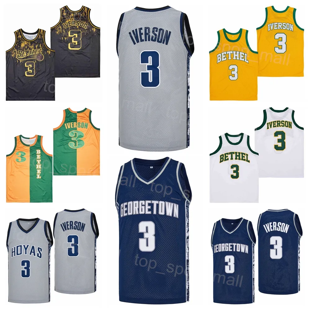 High School Bethel Hampton Allen Iverson Jersey 3 Basketball Moive College for Sport Fans andningsbara Team Green Yellow Pure Cotton Hiphop Pullover University