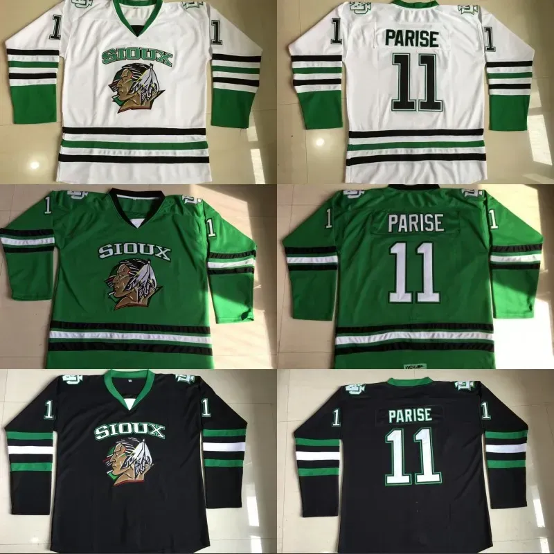 탑 스티치 11 Zach Parise Dakota Hockey Jersey 남자 100% 스티치 자수 싸움 Sioux Dakota College Hockey Jerseys Black White Green