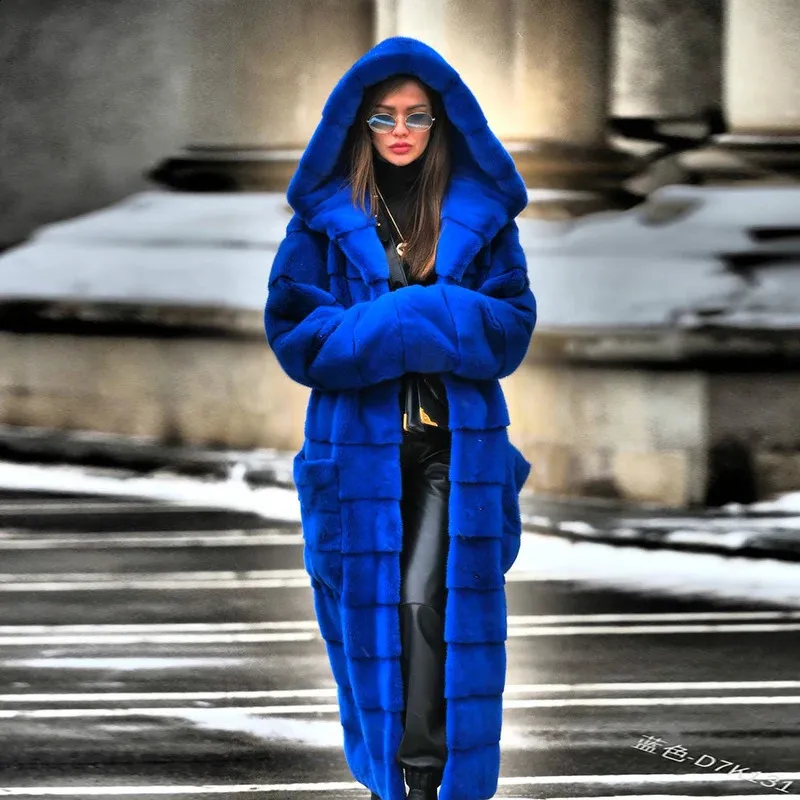 Cozy Womens Faux Rabbit Fur Coat Casual Thick Warm Winter Blue