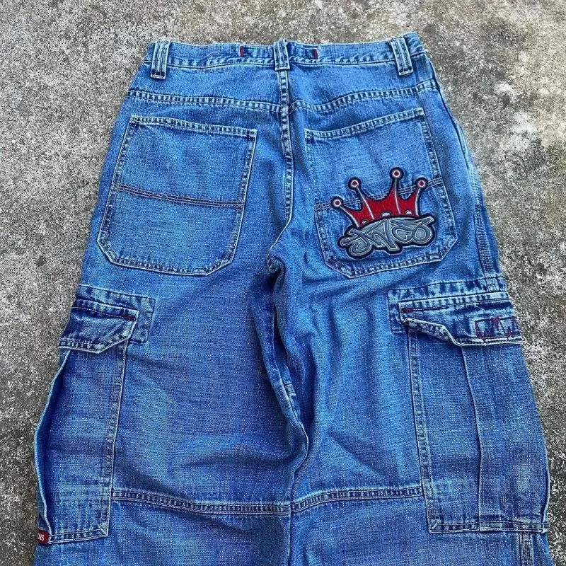 Kvinnors jeans JNCO Workwear Multi-Pocket Splicing Lace-Up Blue för män och kvinnor harajuku gata casual wear hög midja vid bens