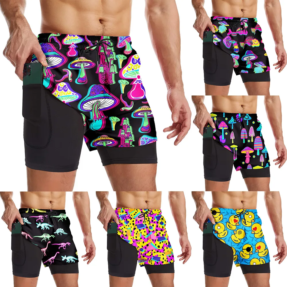 Mäns shorts Psychedelic Magic Mushroom Mens 2 i 1 Kör snabb torr gym atletiska träningskläder med sidofickor 230419
