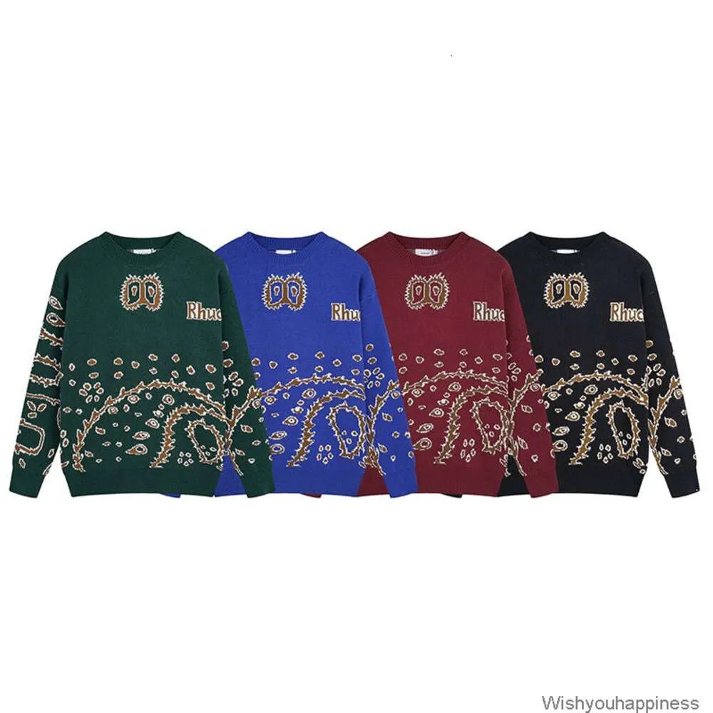 Дизайнерские мужские свитера Повседневная толстовка с капюшоном Rhude Cashew Flower Жаккардовый пуловер с круглым вырезом Свитер High Street Свободный мужской женский повседневный трикотаж Trend