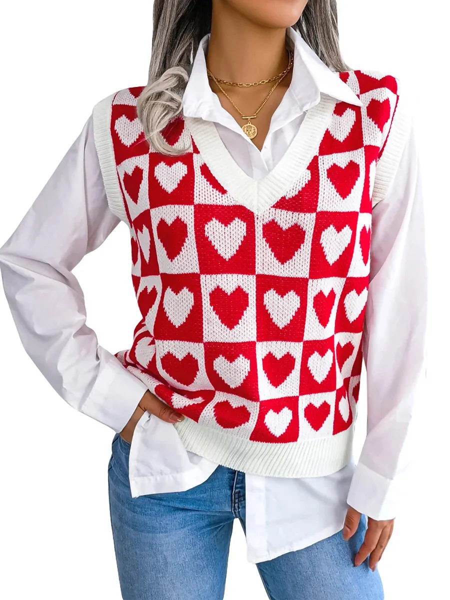 Женский жилет, вязаный свитер, жилет с сердечным принтом, жилет без рукавов с v-образным вырезом, пуловер на весну, осень, зиму 231120