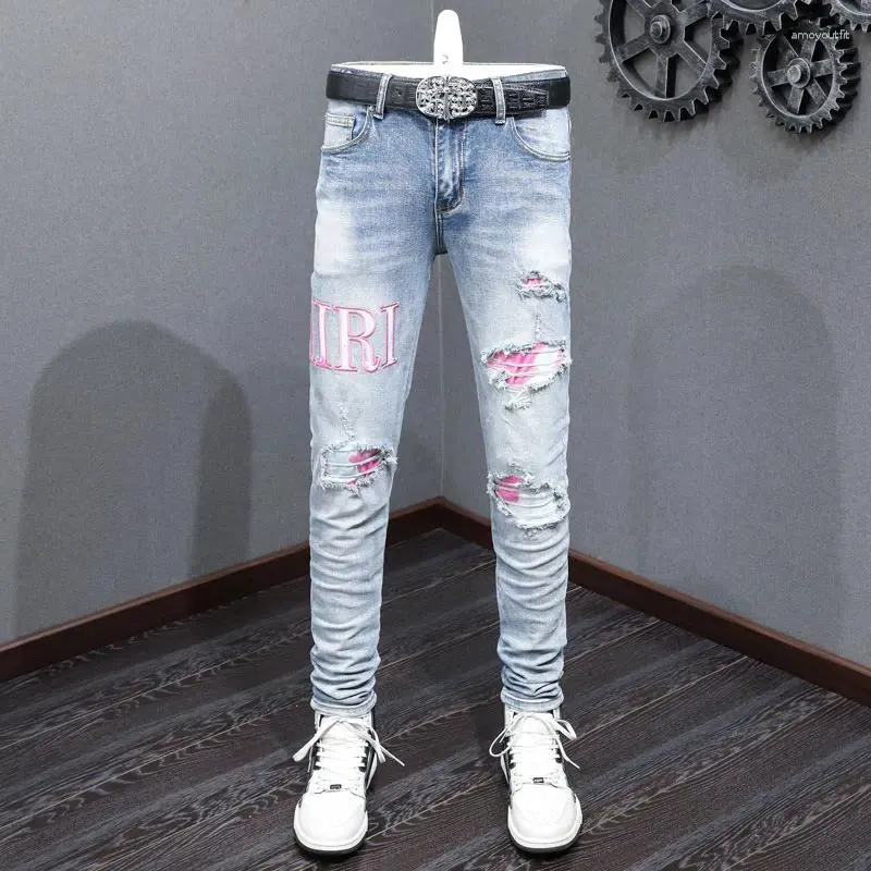 Men's Jeans High Street Fashion Men Retro Light Blue Stretch Skinny Ripped Pink Patch Designer Hip Hop Brand Pants Hombre