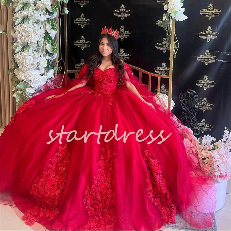 Lindo vermelho quinceanera vestidos princesa festa de aniversário 3d flores doce 16 vestido de baile vestido de baile elegante flores apliques 15 anos de idade quinze vestidos de festa de aniversário