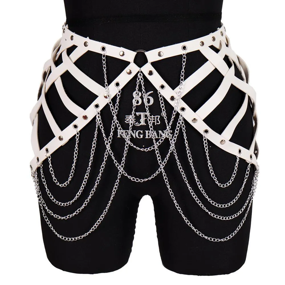 Waist Chain Belts White Skirt Leather Harness Chain Metal Waist Belt Punk Goth Sexy Lingerie Dress Hollow Out Suspender Body Harajuku Dance Rave 230419