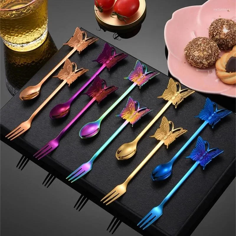 Coffee Scoops 2 Pcs Stainless Steel Spoon Sugar Dessert Fruit Fork Stirring Ice Cream Handle Dinnerware Drop