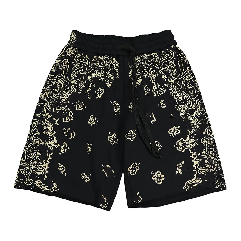 High street men amiryes dark cashew flower print cotton loose drawstring vintage sport shorts