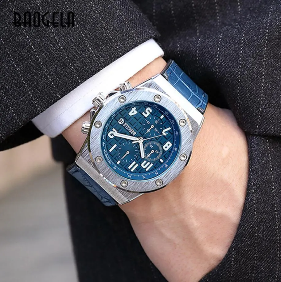 Baogela Men's Chronograph Quartz Watches新しい防水スポーツカジュアルリストウォッチマンレザーストラップ時計1805ローズブラック