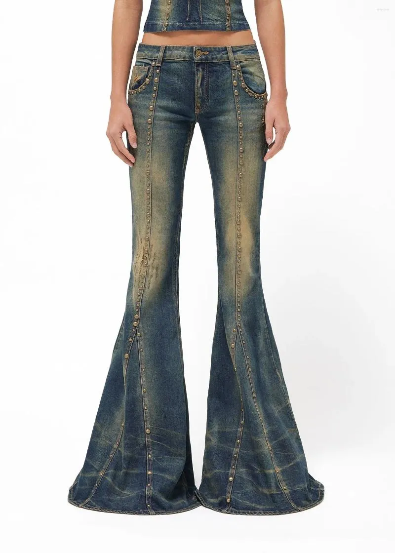 Damesjeans Denim uitlopende broek met lage taille en studs, versleten voor dames