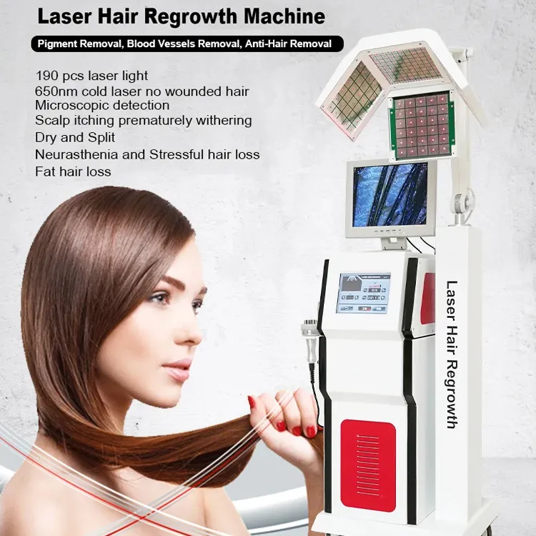 Non-invasive Laser Hair Loss Treatment Regrowth Salon 5 in 1 PDT Scalp Massage Ozone Comb Follicle Reactivating LLLT Vertical Device with Detection Camera