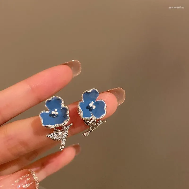 Orecchini pendenti Minar moda coreana colore blu smalto fiore uccello orecchino per le donne argento metallo floreale lunga goccia gioielli da festa