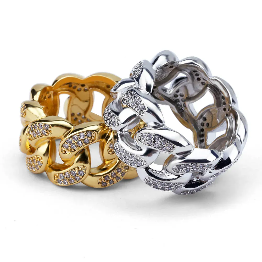 Pierścienie klastra Kuby 18K Złote Białe Złoto Plane CZ CZ CHRIRCONIA Dust Cuban Chain Pierścienie Diamentowe biżuterii biodrowej Prezenty dla mężczyzn kobiety 13 mm Rozmiar 7-11