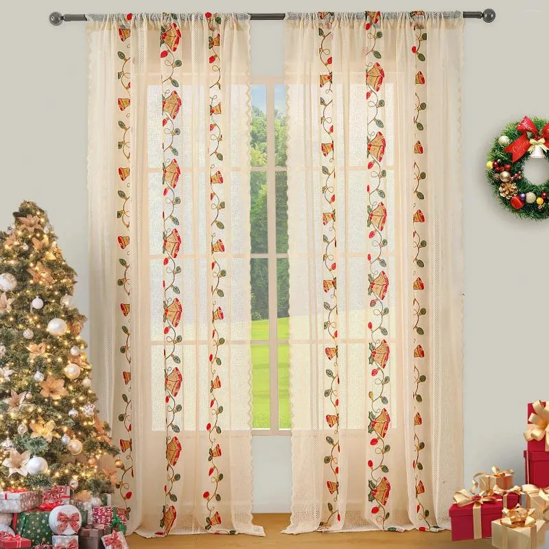 Kurtyna 1pc American Christmas Small Bells haft do salonu kuchnia koronkowa kurczaka drzwi drape okno dekoracja home #e