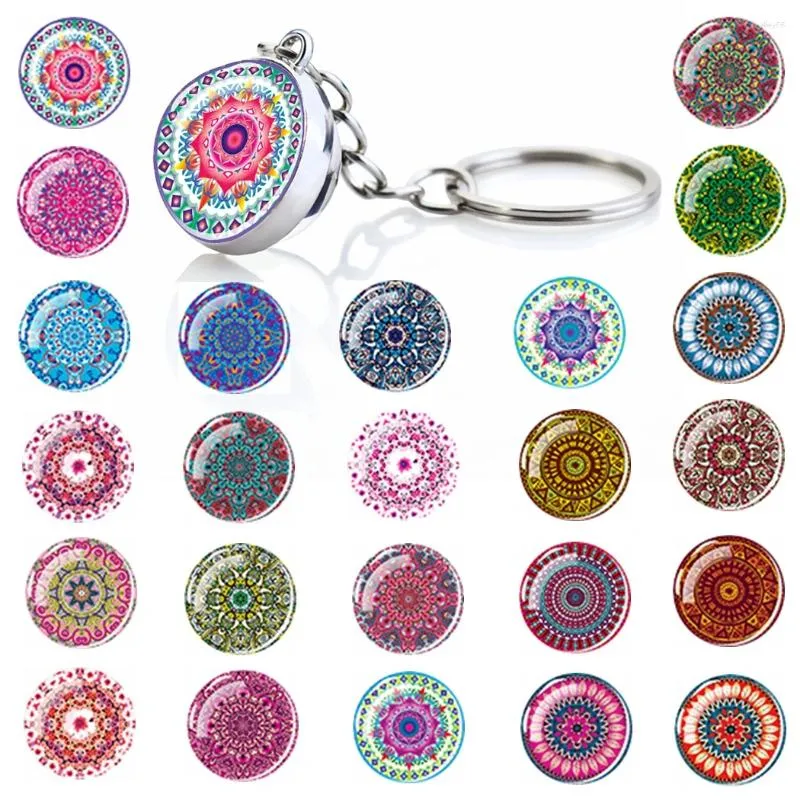 Porte-clés Mandala Motif Porte-clés Style Bohème Croyance Religieuse Double Face Boule De Verre Pendentif En Alliage De Zinc Chaîne Neutre Ornements Cadeau