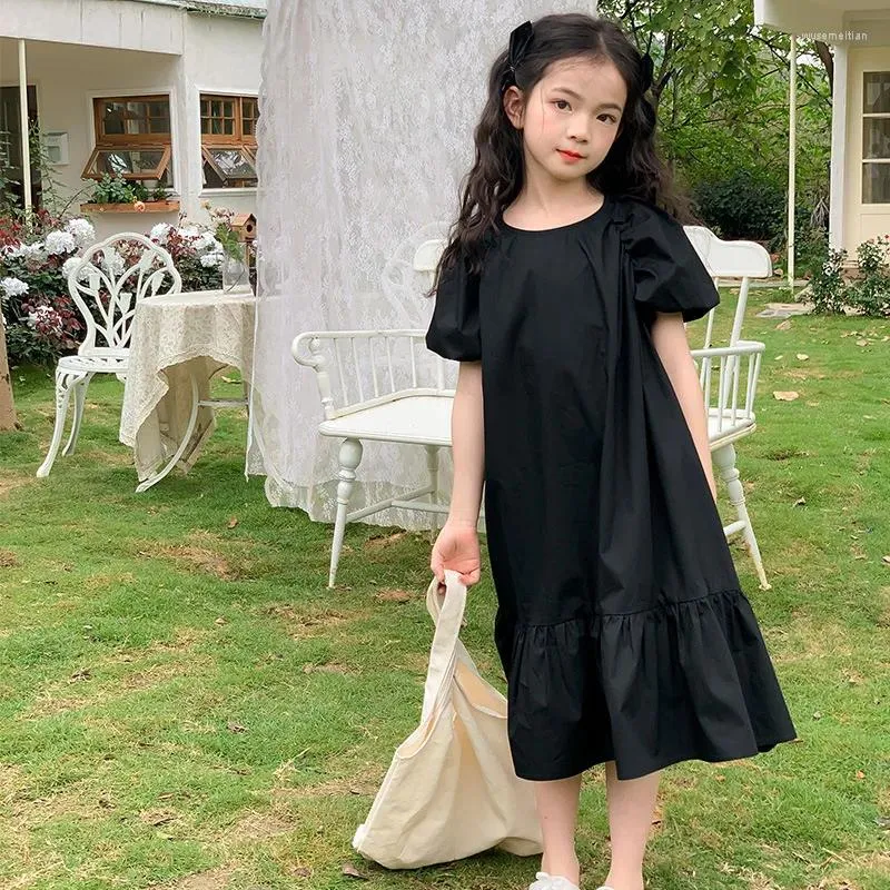 Girl Dresses Girls Black White Princess Dress Cotton Summer 2023 Children Clothing Puff Sleeve Kids Mid-Length Ruffles