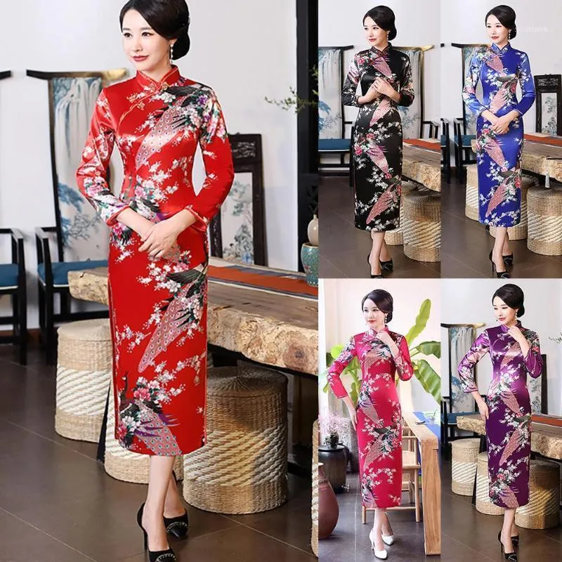 Casual Dresses Women Chinese 3/4 Sleeve Peacock Long Split Cheongsam Stage Show Midi Slim Dress Bride Wedding Elegant Evening Part