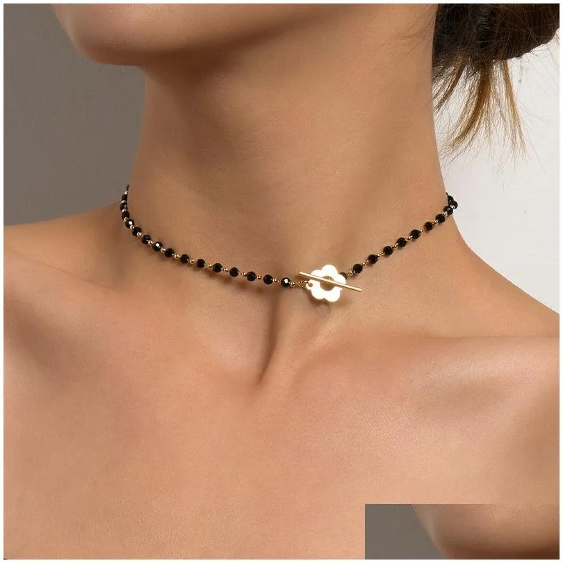 Chokers Neue Mode Luxus Schwarz Kristall Glas Perle Kette Choker Halskette Für Frauen Blume Lariat Lock Kragen Drop Lieferung Dhgarden Otbtq