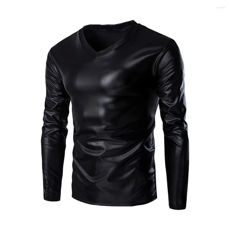Men's T Shirts Leather Wet Look Long Sleeve T-Shirt Top Men Solid Colot Slim Fit V Neck Black Tees Party Stage Show Clothes Male Clothing